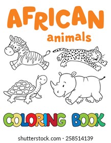 Coloring book or coloring picture with african animals, zebra, cheetah, turtle, rhino