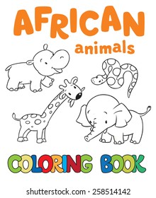 Coloring book or coloring picture with african animals, giraffe, hippo, snake, elephant