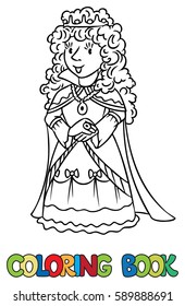 Coloring book or coloring picture of beautiful queen or princess in medieval dress, the crown and the mantle, with long blonde curly hair. Profession series. Childrens vector illustration.