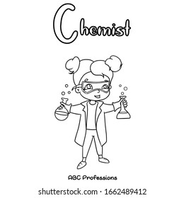 Coloring book or coloring picture of C Chemist , Professions alphabet . alphabet or ABC