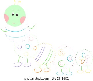 Coloring book with a picture of a cute cartoon caterpillar in color for preschool children to connect dot to dot and color. Vector illustration