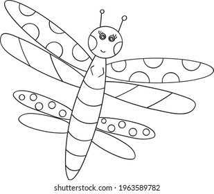 Coloring book with a picture of a cute cartoon dragonfly for preschool children to color. Vector illustration