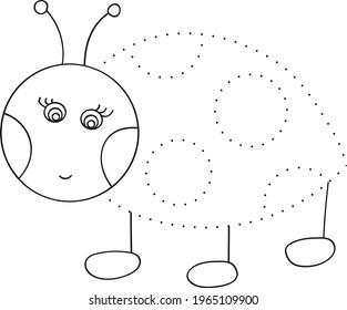 Coloring book with a picture of a cute cartoon ladybug for preschool children to connect dot to dot and color. Vector illustration