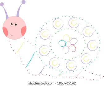 Coloring book with a picture of a cute cartoon snail in color for preschool children to connect dot to dot and color. Vector illustration