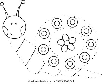 Coloring book with a picture of a cute cartoon snail for preschool children to connect dot to dot and color. Vector illustration