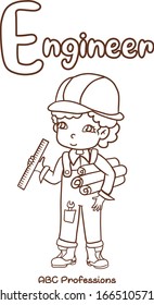 Coloring book or coloring picture of E -letter, ENGINEER, Professions alphabet . alphabet or ABC