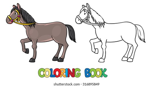 Coloring book or coloring picture of  funny brown horse