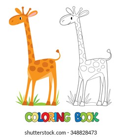 Coloring book or coloring picture of funny cute african giraffe with example of coloring