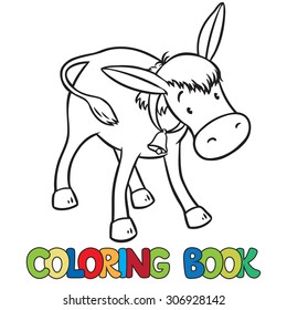 Coloring book or coloring picture of funny donkey with bell on stripe on his neck