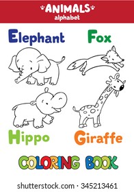 Coloring book or coloring picture of funny elephant, fox, hippo and giraffe.  Animals zoo alphabet or ABC.