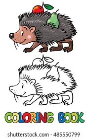 Coloring book or picture of funny hedgehog with apple and pear on his needles. Children vector illustration