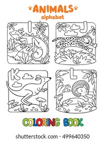 Coloring book or coloring picture of funny iguana, jaguar, kangaroo and lion. Animals zoo alphabet or ABC.