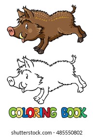 Coloring book or coloring picture of funny jumping boar or wild pig. Children vector illustration