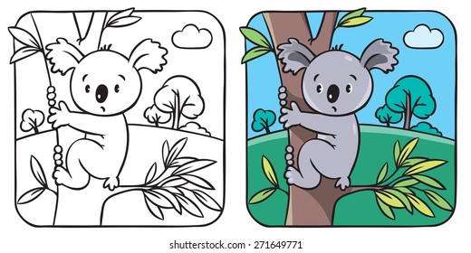 Colorante libro o foto de color con gracioso oso koala en el árbol de eucaliptos.