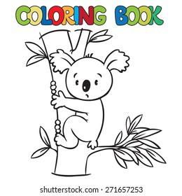 Coloring book or coloring picture with funny koala bear on eucaliptus tree.