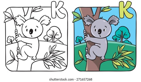 Coloring book or coloring picture with funny koala bear on eucaliptus tree. Alphabet K