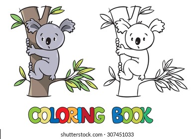 Coloring book or coloring picture with funny koala bear on eucaliptus tree.