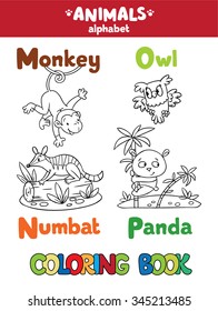 Coloring book or coloring picture of funny monkey, numbat, owl and panda.  Animals zoo alphabet or ABC.