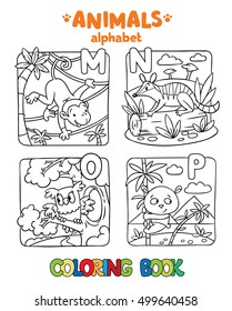 Coloring book or coloring picture of funny monkey, numbat, owl and panda. Animals zoo alphabet or ABC.