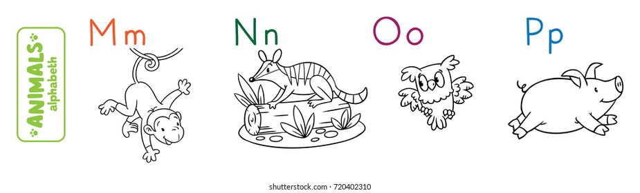 Coloring book or coloring picture of funny monkey, numbat, owl and panda. Animals zoo alphabet or ABC.