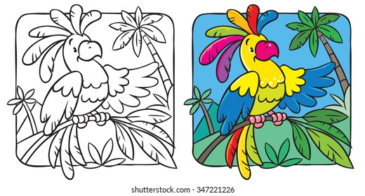 Coloring book or coloring picture of funny parrot on the branch