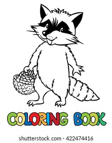 Coloring book or coloring picture of funny raccoon with basket of berries. Children vector illustration