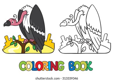 Coloring book or coloring picture of funny vulture sitting high on a branch above the Prairie