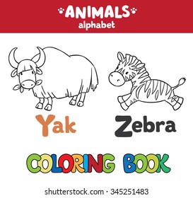 Coloring book or coloring picture of funny yak and zebra.  Animals zoo alphabet or ABC.