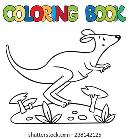 Coloring book or coloring picture of little funny jumping kangaroo, running through the desert