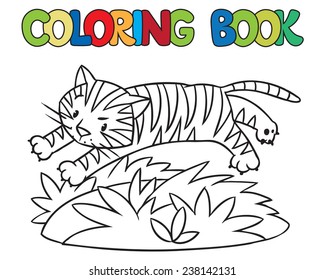 Coloring book or coloring picture of of little funny tiger jumping out of the jungle