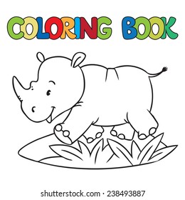 Coloring book or coloring picture of little funny rhino, running down the road
