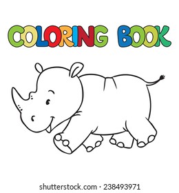 Coloring book or coloring picture of little funny rhino, running down the road