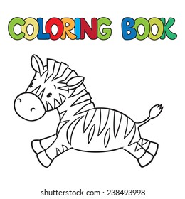 Coloring book or coloring picture of little funny zebra runs on savannah