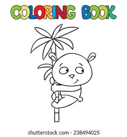 Coloring book or coloring picture of little funny panda on bamboo.