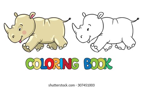 Coloring book or coloring picture of little funny rhino, running down the road