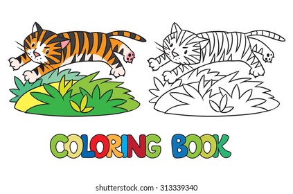 Coloring book or coloring picture of of little funny tiger jumping out of the jungle