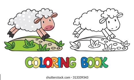 Coloring book or coloring picture of little funny sheep running along the path