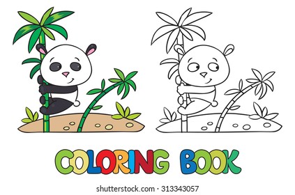 Coloring book or coloring picture of little funny panda on bamboo.