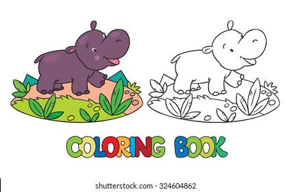 Coloring book or coloring picture of little funny hippo or hippopotamus