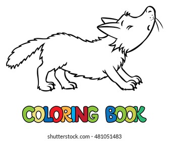 Coloring book or picture of little funny howling wolf. Children vector illustration