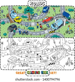 Coloring book or coloring picture of of roads, crossings, cars and people