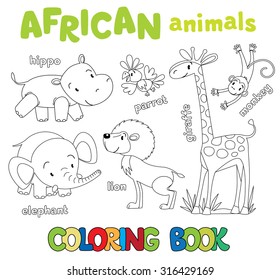 Coloring book or coloring picture set of funny cute african animals, hippo and parrot, elephant and lion, giraffe and monkey