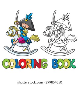 Coloring book or coloring picture of small brave boy on wooden horse in general uniform with sword