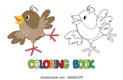 Coloring book or coloring picture of small funny jumping sparrow with shot wings and yellow bill