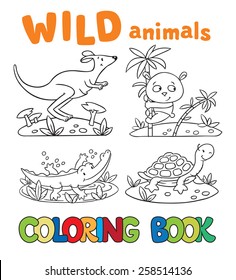 Coloring book or coloring picture with wild animals,  crocodile, panda, kangaroo, turtle. Children vector illustration.
