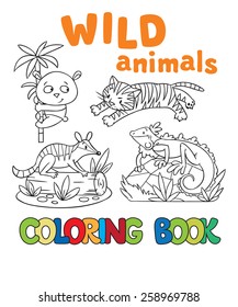 Coloring book or coloring picture with wild animals, tiger, panda, numbat, iguana