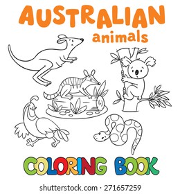 Coloring book or coloring picture with wild animals, tiger, panda, numbat, iguana