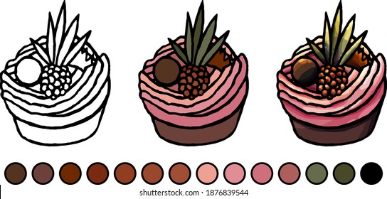 Coloring book, pink cupcakes, cartoon style, doodle, flat style, isolated, education, coloring, for children, childhood, example, paints, develop, draw, sweet, baking, dessert, muffin, candy, cafe