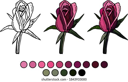 Coloring book of pink rose bud on white background, cartoon style, doodle, flat style, education, play, fun, coloring, for children, childhood, example, paints, develop, drawing, draw, outline, skill