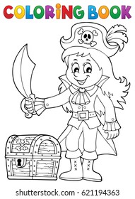 Coloring Book Pirate Girl Theme 1 - Eps10 Vector Illustration.